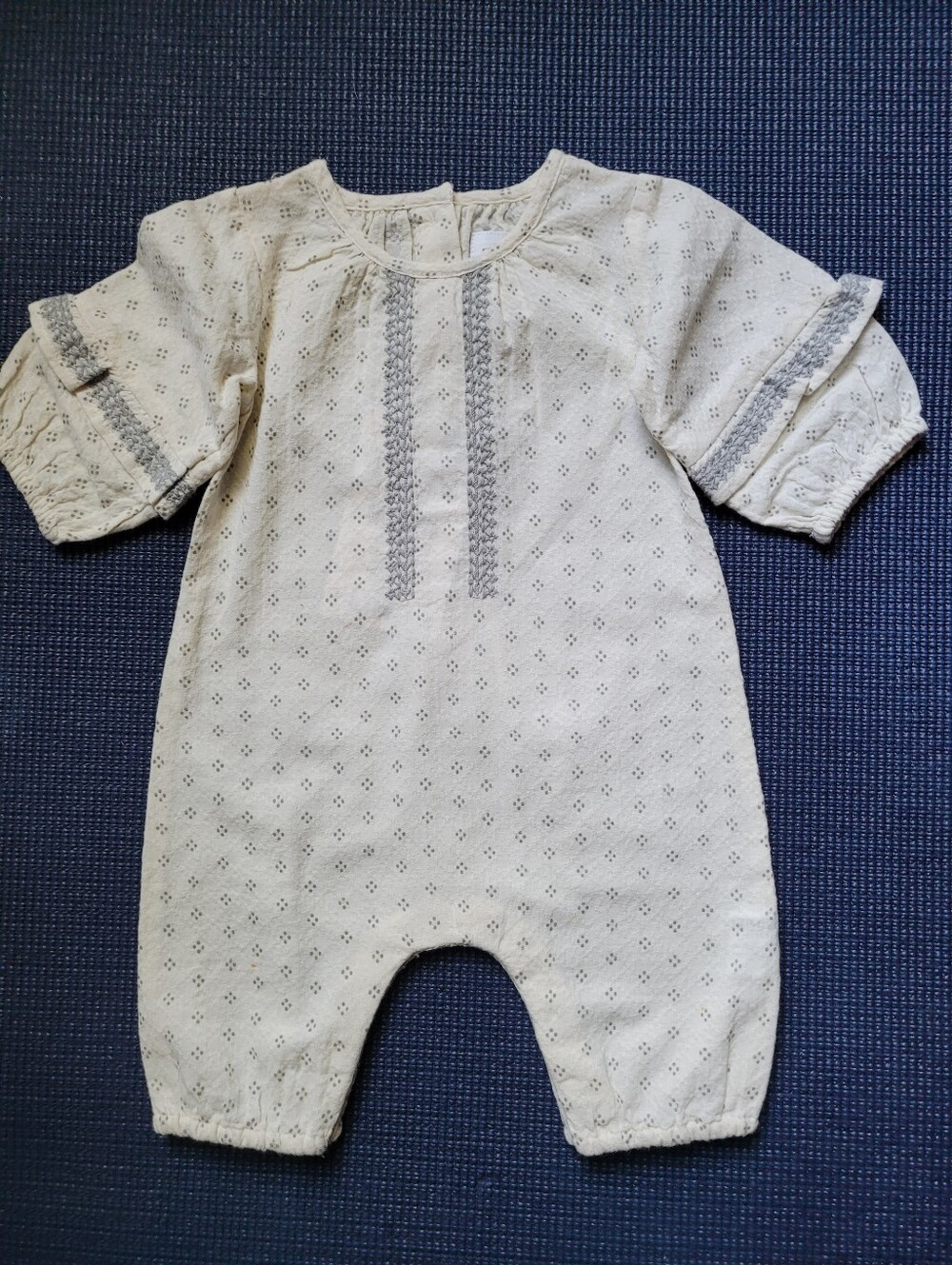 Zara Ecru Eyelet Baby One-Piece with Gray Embroidered Trim 100% Cotton- Newborn